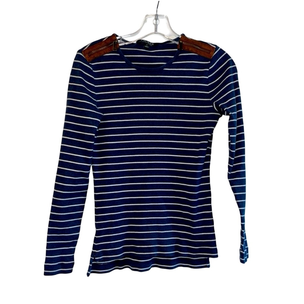 Lauren Ralph Lauren Navy Striped Long Sleeve Top with Brown Accents